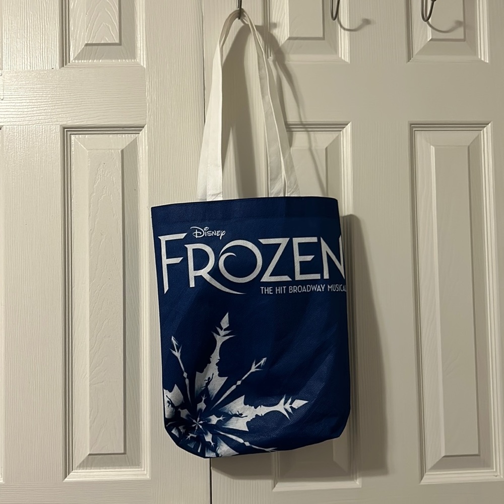 Blue and white Disney frozen the hit Broadway musical tote bag
